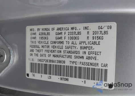 2009 Honda Accord 2.4 Lx from USA, damaged, VIN 1HGCP26389A139839